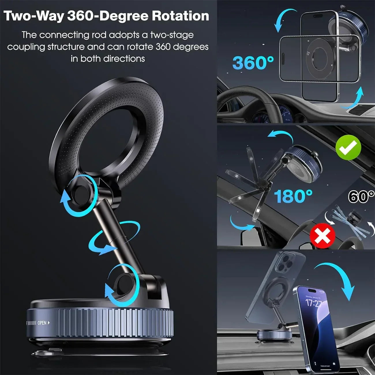 2026 Magnetic vacuum  car phone holder 360 adjustable mount