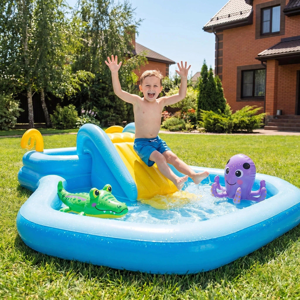 Kids Inflatable Summer Water Park Play Pool with Dual Slides & Animal Sprinklers