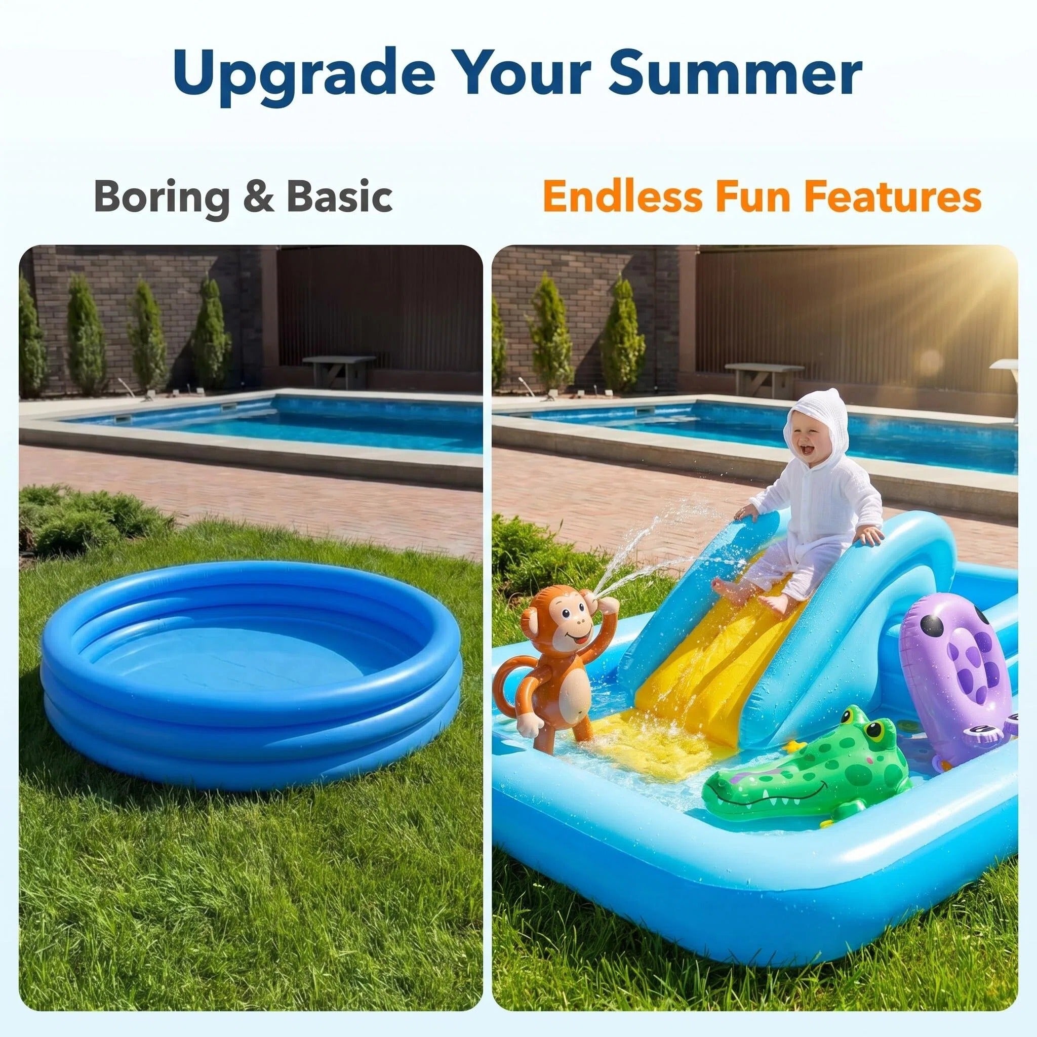 Kids Inflatable Summer Water Park Play Pool with Dual Slides & Animal Sprinklers