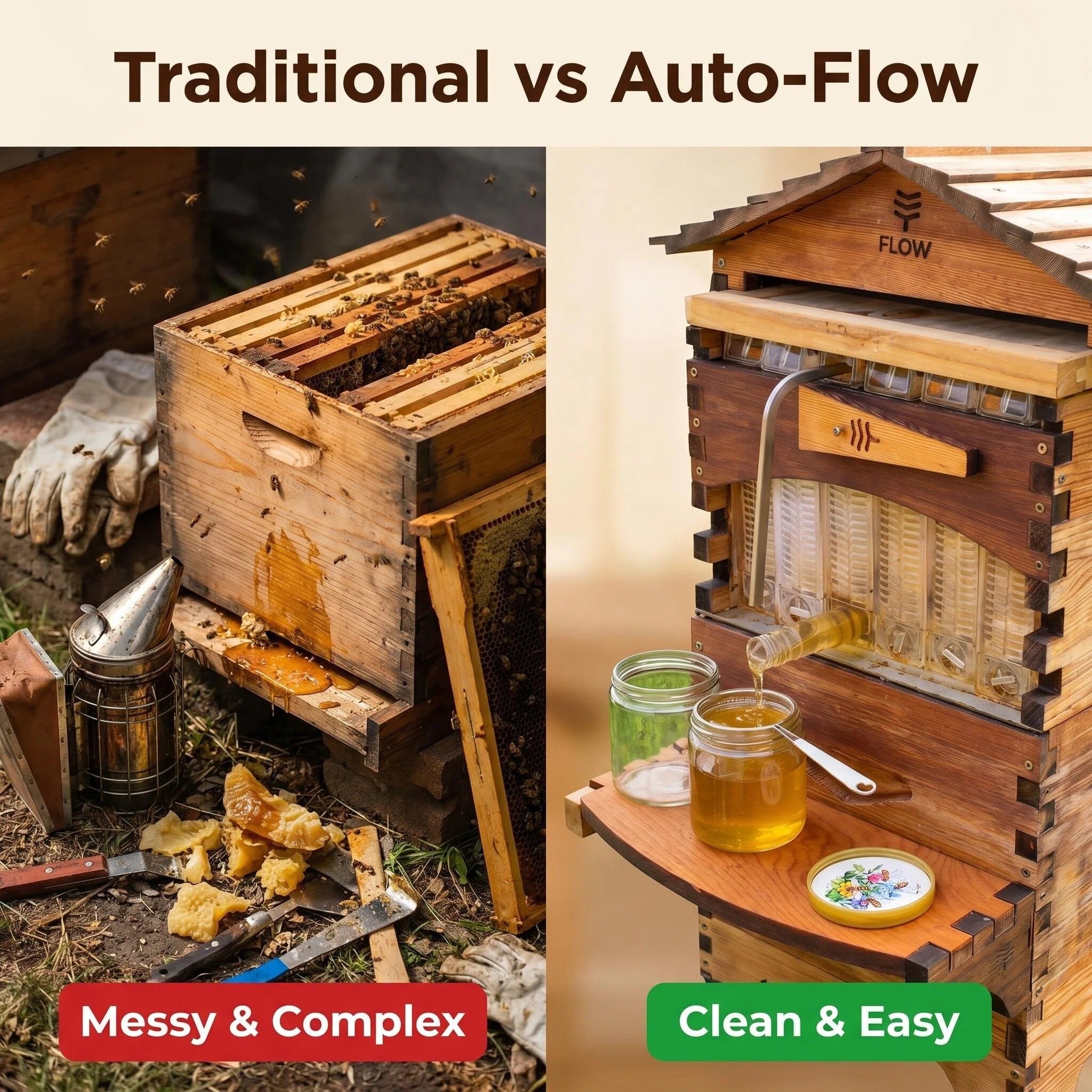 Beehive with Auto-Flow Technology, Effortless Honey Harvesting Beekeeping Kit